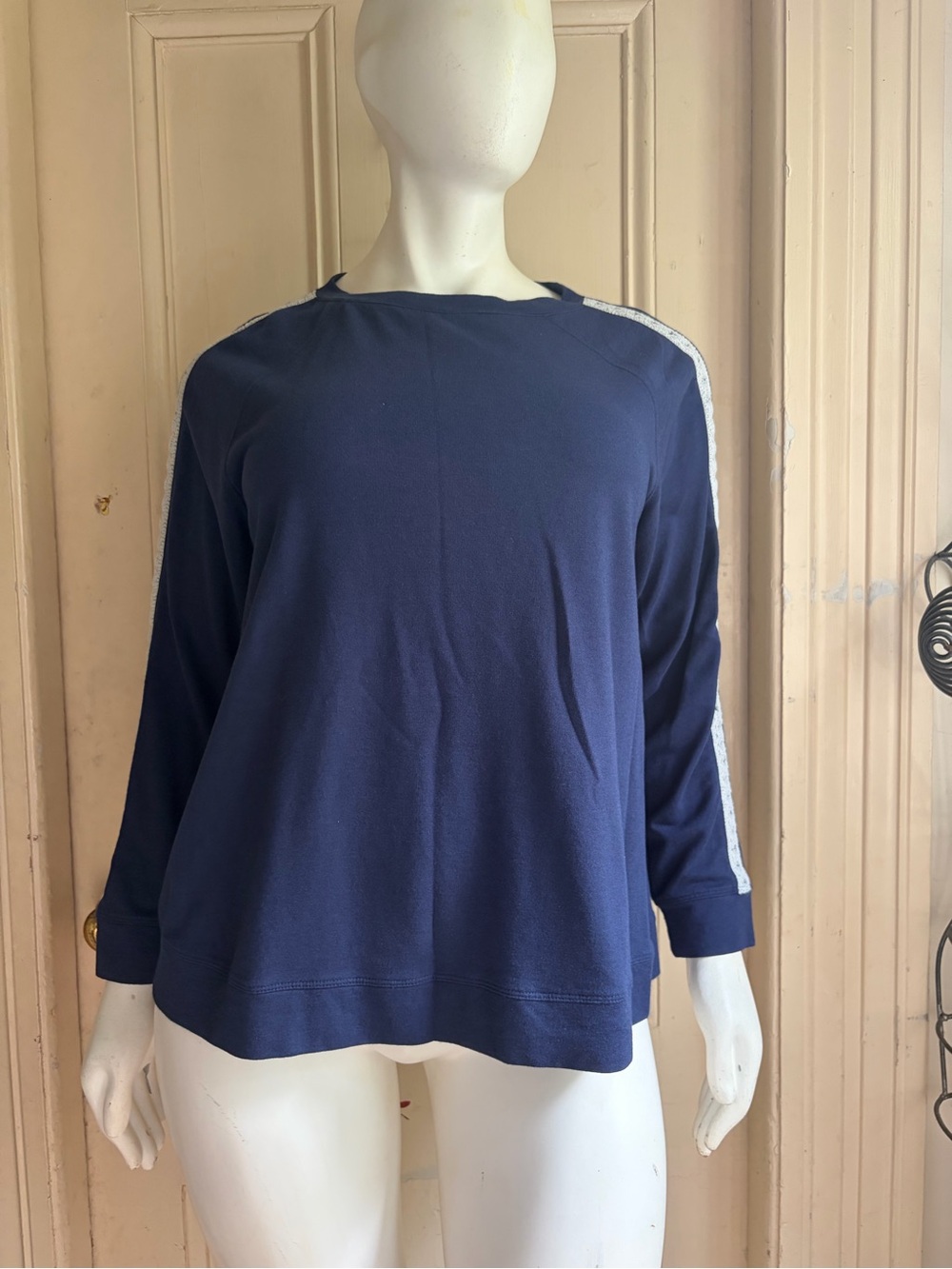 J. Jill Navy Sweatshirt with Crochet Sleeve Stripe